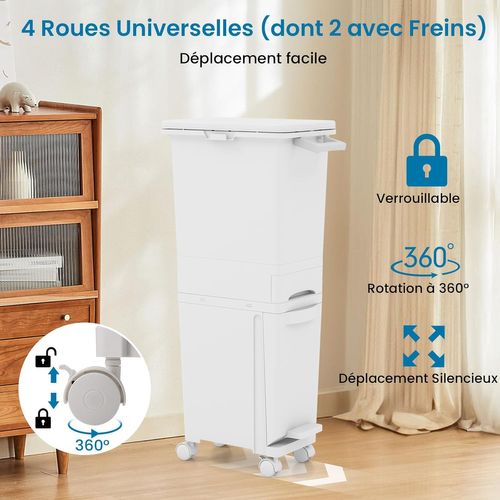 Poubelle Cuisine 32 L En Plastique, Poubelle Tri Selectif 2 Bac Avec Tiroir, 2 Seaux Amovible, Blanc