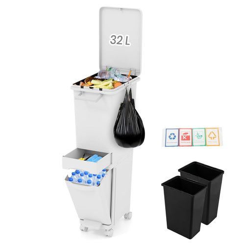 Poubelle Cuisine 32 L En Plastique, Poubelle Tri Selectif 2 Bac Avec Tiroir, 2 Seaux Amovible, Blanc