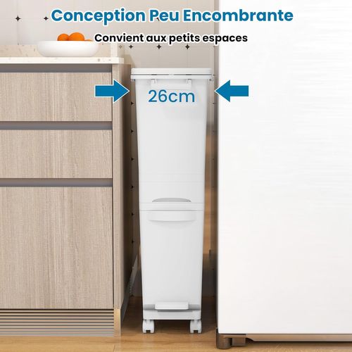 Poubelle Cuisine 32 L En Plastique, Poubelle Tri Selectif 2 Bac Avec Tiroir, 2 Seaux Amovible, Blanc
