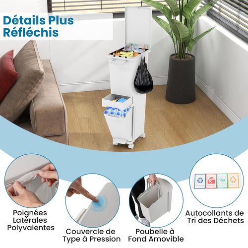 Poubelle Cuisine 32 L En Plastique, Poubelle Tri Selectif 2 Bac Avec Tiroir, 2 Seaux Amovible, Blanc