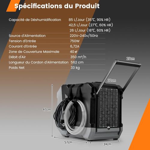 Déshumidificateur Commercial 85l/jour, Déshumidificateur Avec Pompe (noir)