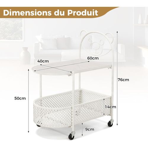 Table D’appoint En Verre 2 Niveaux, Bout De Canapé à Roulette Avce Panier, Cadre En Métal (blanc)