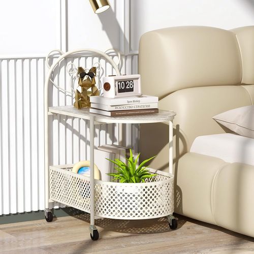 Table D’appoint En Verre 2 Niveaux, Bout De Canapé à Roulette Avce Panier, Cadre En Métal (blanc)