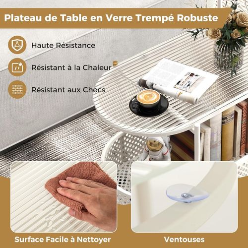 Table D’appoint En Verre 2 Niveaux, Bout De Canapé à Roulette Avce Panier, Cadre En Métal (blanc)