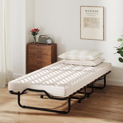 Lit Pliant 80x200 Cm Avec Matelas Orthopédique En Mémoire 10 Cm, Lit D’appoint Pliable, Beige