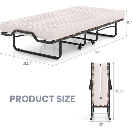 Lit Pliant 80x200 Cm Avec Matelas Orthopédique En Mémoire 10 Cm, Lit D’appoint Pliable, Beige