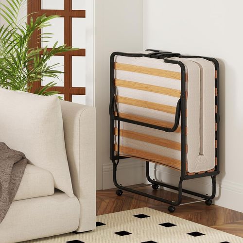 Lit Pliant 80x200 Cm Avec Matelas Orthopédique En Mémoire 10 Cm, Lit D’appoint Pliable, Beige