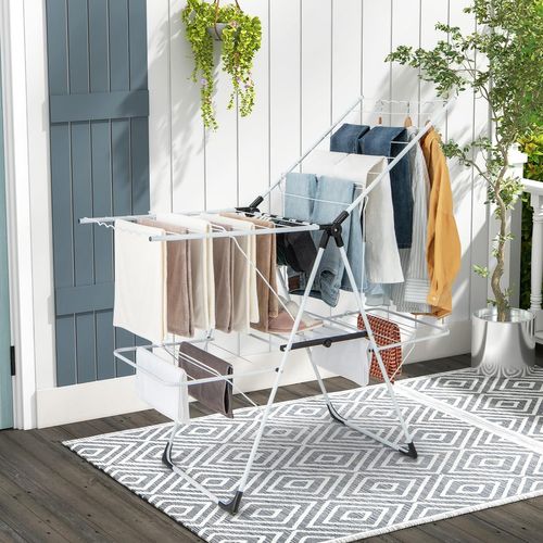 Etendoir Linge Interieur Pliable, Sechoir à Linge 2 Niveaux En Métal, 33 Barres, 4 Ailes Réglables