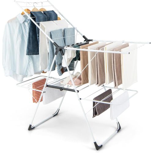 Etendoir Linge Interieur Pliable, Sechoir à Linge 2 Niveaux En Métal, 33 Barres, 4 Ailes Réglables