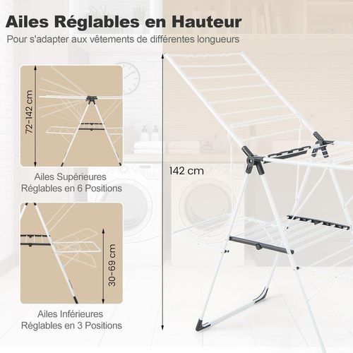 Etendoir Linge Interieur Pliable, Sechoir à Linge 2 Niveaux En Métal, 33 Barres, 4 Ailes Réglables