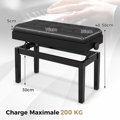 Tabouret Piano Réglable En Hauteur 48-58 Cm, Banquette Piano Avec Rangement, Charge 200 Kg, Noir