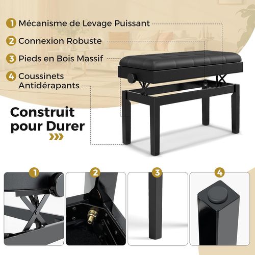 Tabouret Piano Réglable En Hauteur 48-58 Cm, Banquette Piano Avec Rangement, Charge 200 Kg, Noir