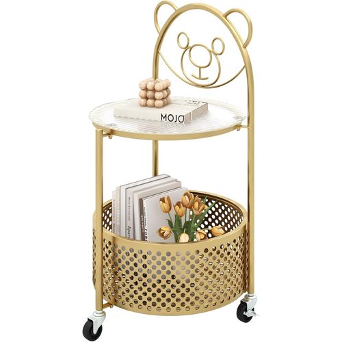 Petite Table Basse En Verre 2 Niveaux, Bout De Canapé Rond à Roulette Avec Panier Chambre (doré)