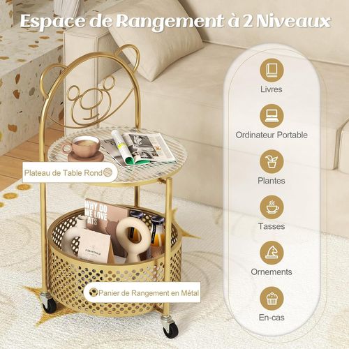 Petite Table Basse En Verre 2 Niveaux, Bout De Canapé Rond à Roulette Avec Panier Chambre (doré)