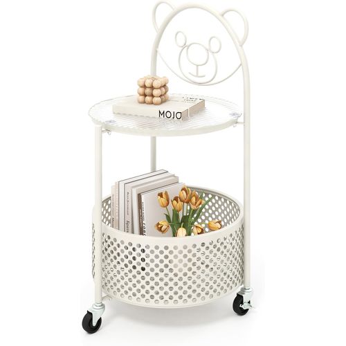 Petite Table Basse En Verre 2 Niveaux, Bout De Canapé Rond à Roulette Avec Panier(blanc)