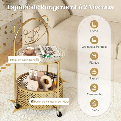 Petite Table Basse En Verre 2 Niveaux, Bout De Canapé Rond à Roulette Avec Panier(blanc)