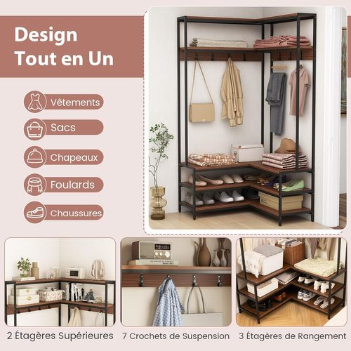 Porte Manteaux D'angle 178 Cm, Meuble D'entrée Avec Banc à Chaussures, 7 Patères(noyer)