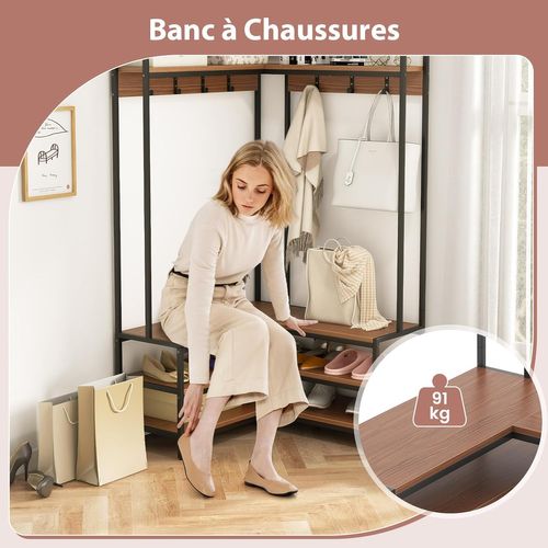 Porte Manteaux D'angle 178 Cm, Meuble D'entrée Avec Banc à Chaussures, 7 Patères(noyer)