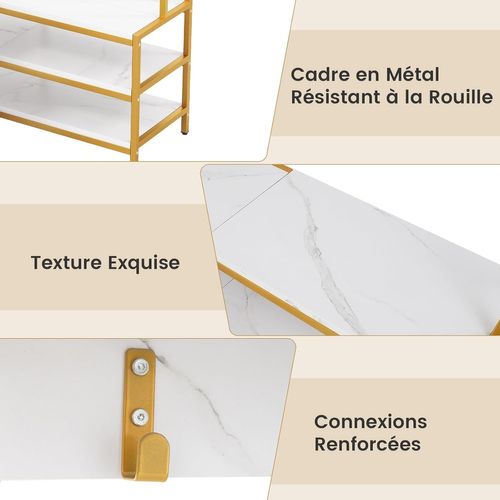 Porte Manteaux D'angle 178 Cm, Meuble D'entrée Avec Banc à Chaussures, 7 Patères(doré)