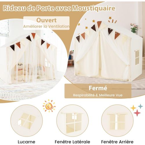 Tente De Jeux Enfant Avec Rideaux En Tissu Et Moustiquaire, Cabane Enfant Intérieure