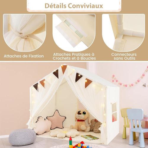 Tente De Jeux Enfant Avec Rideaux En Tissu Et Moustiquaire, Cabane Enfant Intérieure