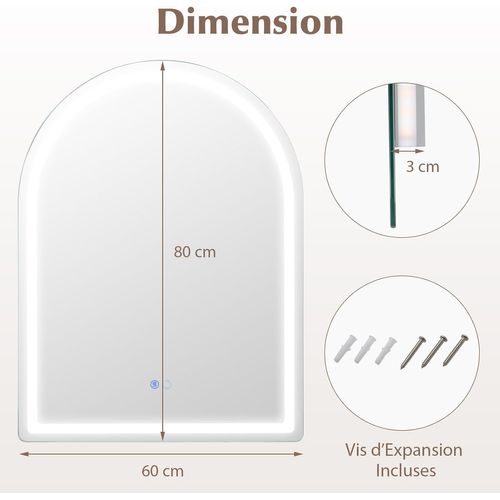 Miroir Salle De Bain Avec Eclairage 80 X 60 Cm, Miroir Mural Antibuée, 3 Couleurs