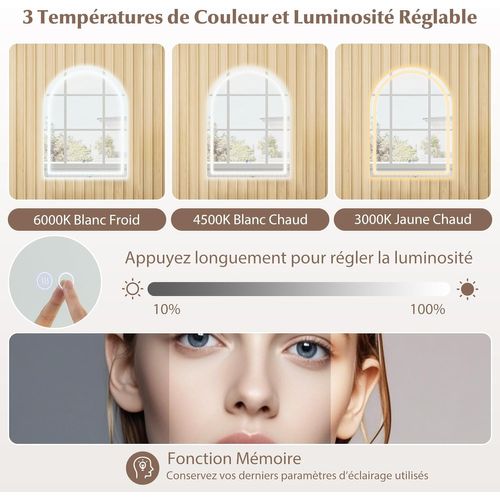 Miroir Salle De Bain Avec Eclairage 80 X 60 Cm, Miroir Mural Antibuée, 3 Couleurs