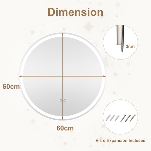 Miroir Salle De Bain Avec Eclairage Ø 60 Cm, Miroir Rond Mural Antibuée, 3 Couleurs