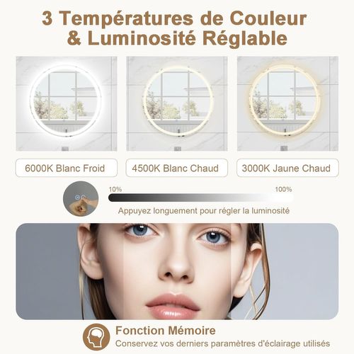 Miroir Salle De Bain Avec Eclairage Ø 60 Cm, Miroir Rond Mural Antibuée, 3 Couleurs