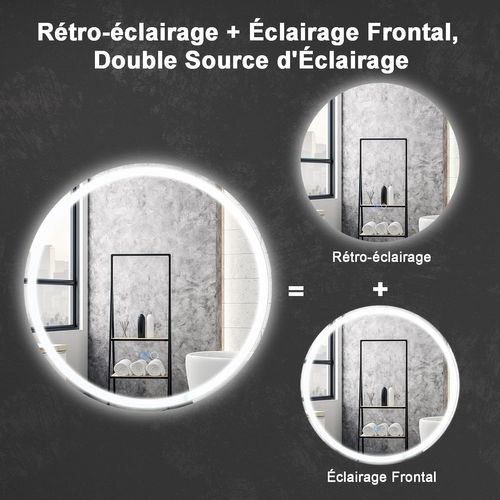 Miroir Salle De Bain Avec Eclairage Ø 60 Cm, Miroir Rond Mural Antibuée, 3 Couleurs