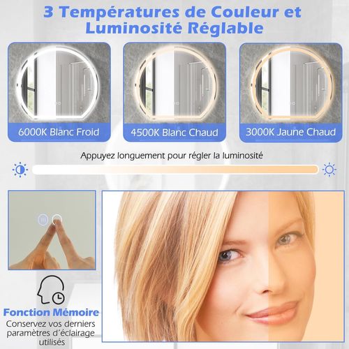 Miroir Salle De Bain Avec Eclairage 60 X 54 Cm, Miroir Rond Mural 3 Couleurs Luminosité Réglable