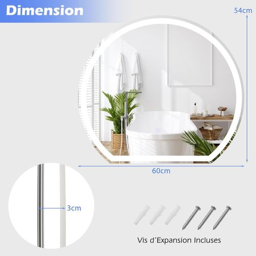 Miroir Salle De Bain Avec Eclairage 60 X 54 Cm, Miroir Rond Mural 3 Couleurs Luminosité Réglable