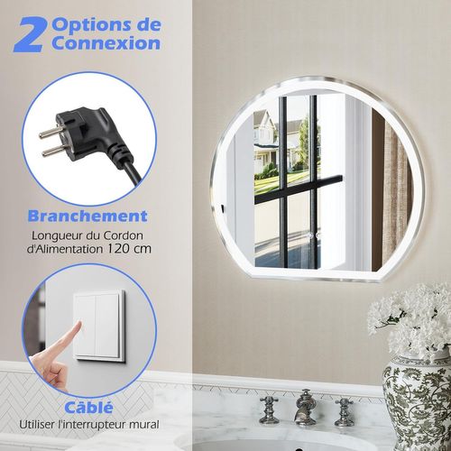 Miroir Salle De Bain Avec Eclairage 60 X 54 Cm, Miroir Rond Mural 3 Couleurs Luminosité Réglable