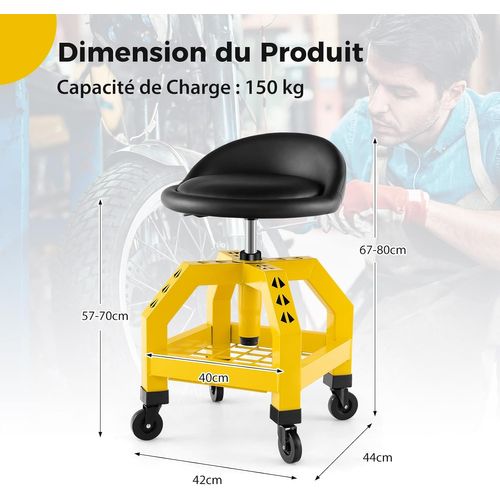Tabouret D'atelier Roulant Réglable En Hauteur 66,6-79,5 Cm,siège De Mécanicien Charge 150 Kg(jaune)