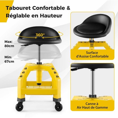 Tabouret D'atelier Roulant Réglable En Hauteur 66,6-79,5 Cm,siège De Mécanicien Charge 150 Kg(jaune)