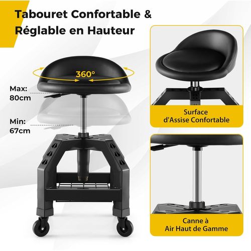 Tabouret D'atelier Roulant Réglable En Hauteur 66,6-79,5 Cm, Siège De Mécanicien Charge 150 Kg(noir)