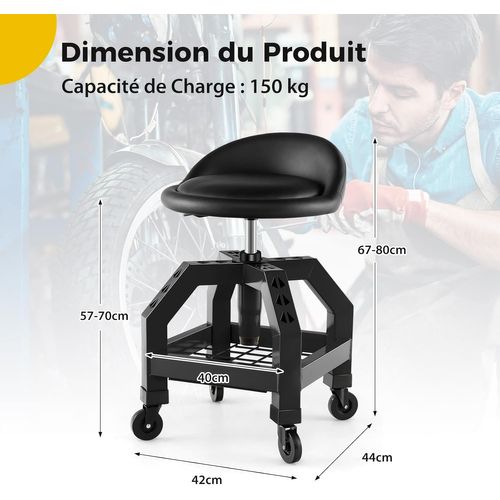 Tabouret D'atelier Roulant Réglable En Hauteur 66,6-79,5 Cm, Siège De Mécanicien Charge 150 Kg(noir)