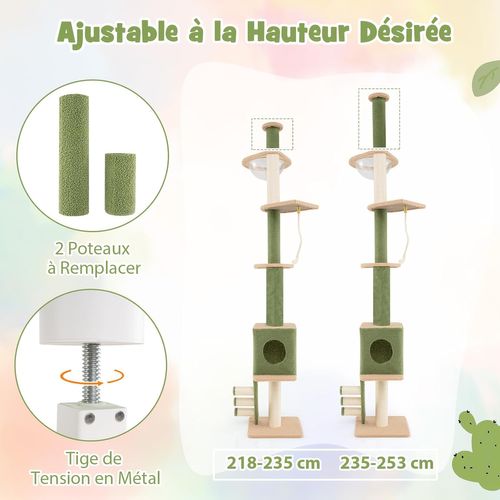 Arbre à Chat Plafond, Arbre à Chat Cactus XXL, 218 à 253 Cm Hauteur Réglable, Echelle