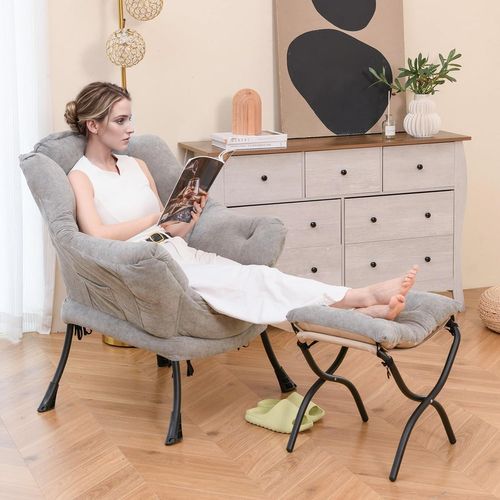 Fauteuil Salon Scandinave, Avec Repose-pieds Pliable, Canapé Relax Confortable En Sherpa Gris