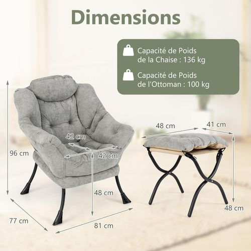 Fauteuil Salon Scandinave, Avec Repose-pieds Pliable, Canapé Relax Confortable En Sherpa Gris