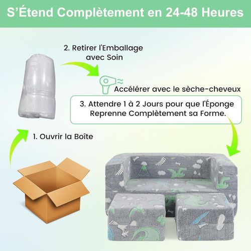Canapé Enfant 2 Places Lumineux (brillant Dans Le Noir) Avec Motif Dinosaure,pour 3 Ans+