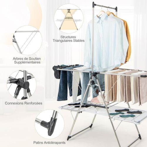 Étendoir Linge Intérieur, Sechoir à Linge Pliable En Acier Inox, Cintre Haut 182 Cm