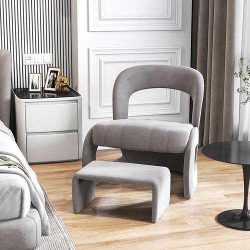 Fauteuil Avec Pouf, Ensemble De Fauteuil En Velours Rembourré Et Pouf Avec Dossier Courbé Ouvert