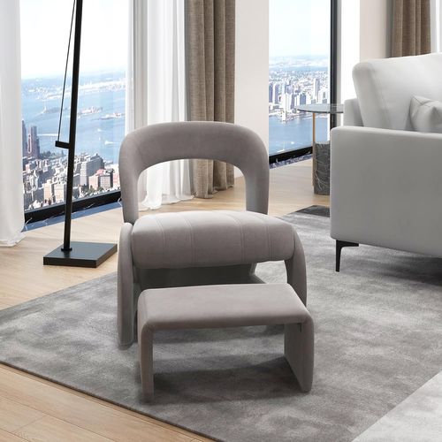 Fauteuil Avec Pouf, Ensemble De Fauteuil En Velours Rembourré Et Pouf Avec Dossier Courbé Ouvert