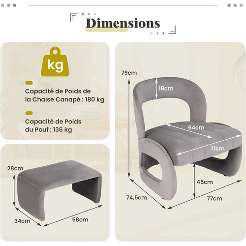 Fauteuil Avec Pouf, Ensemble De Fauteuil En Velours Rembourré Et Pouf Avec Dossier Courbé Ouvert