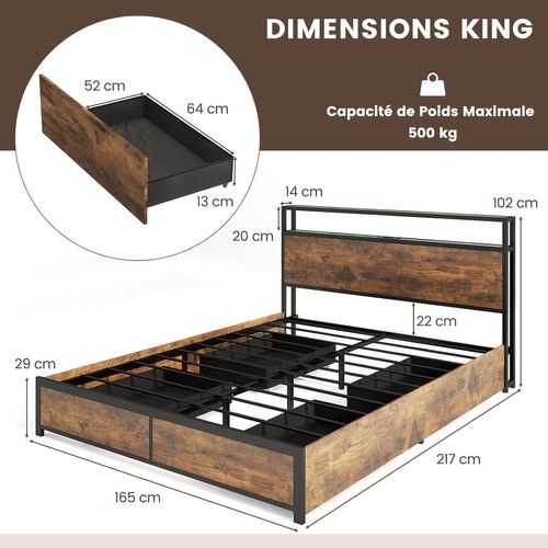 Cadre De Lit Double 160x200cm Avec Sommier, Lit Avec Éclairage LED Et Prise De Courant, USB