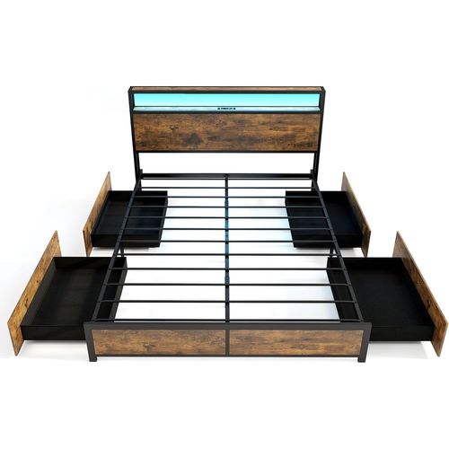 Cadre De Lit Double 160x200cm Avec Sommier, Lit Avec Éclairage LED Et Prise De Courant, USB