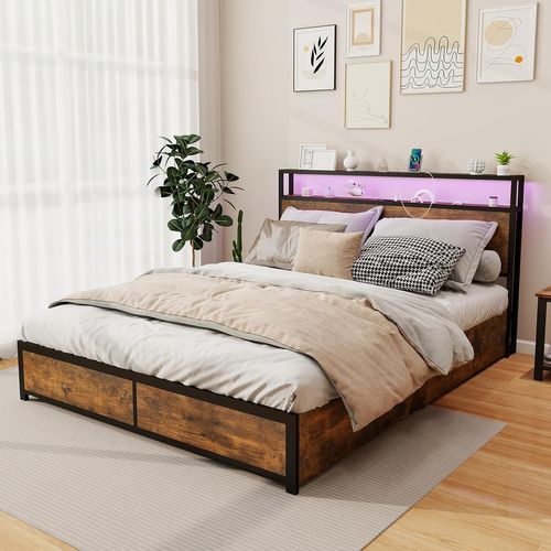 Cadre De Lit Double 160x200cm Avec Sommier, Lit Avec Éclairage LED Et Prise De Courant, USB