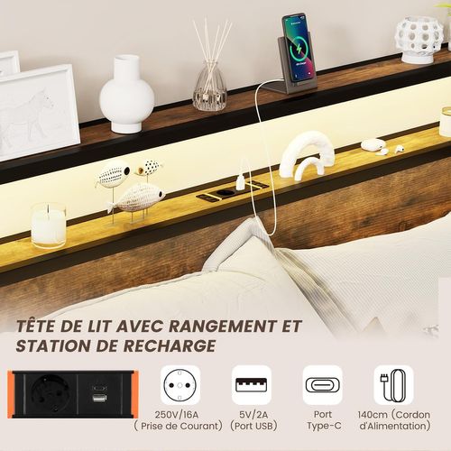 Cadre De Lit Double 160x200cm Avec Sommier, Lit Avec Éclairage LED Et Prise De Courant, USB