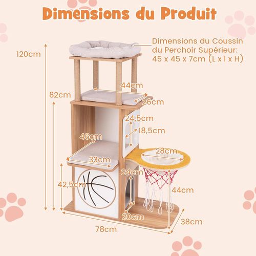 Arbre à Chat Bois 120 Cm, Arbre à Chat Design à Thème Sportif, 4 Griffoir Chat En Jute